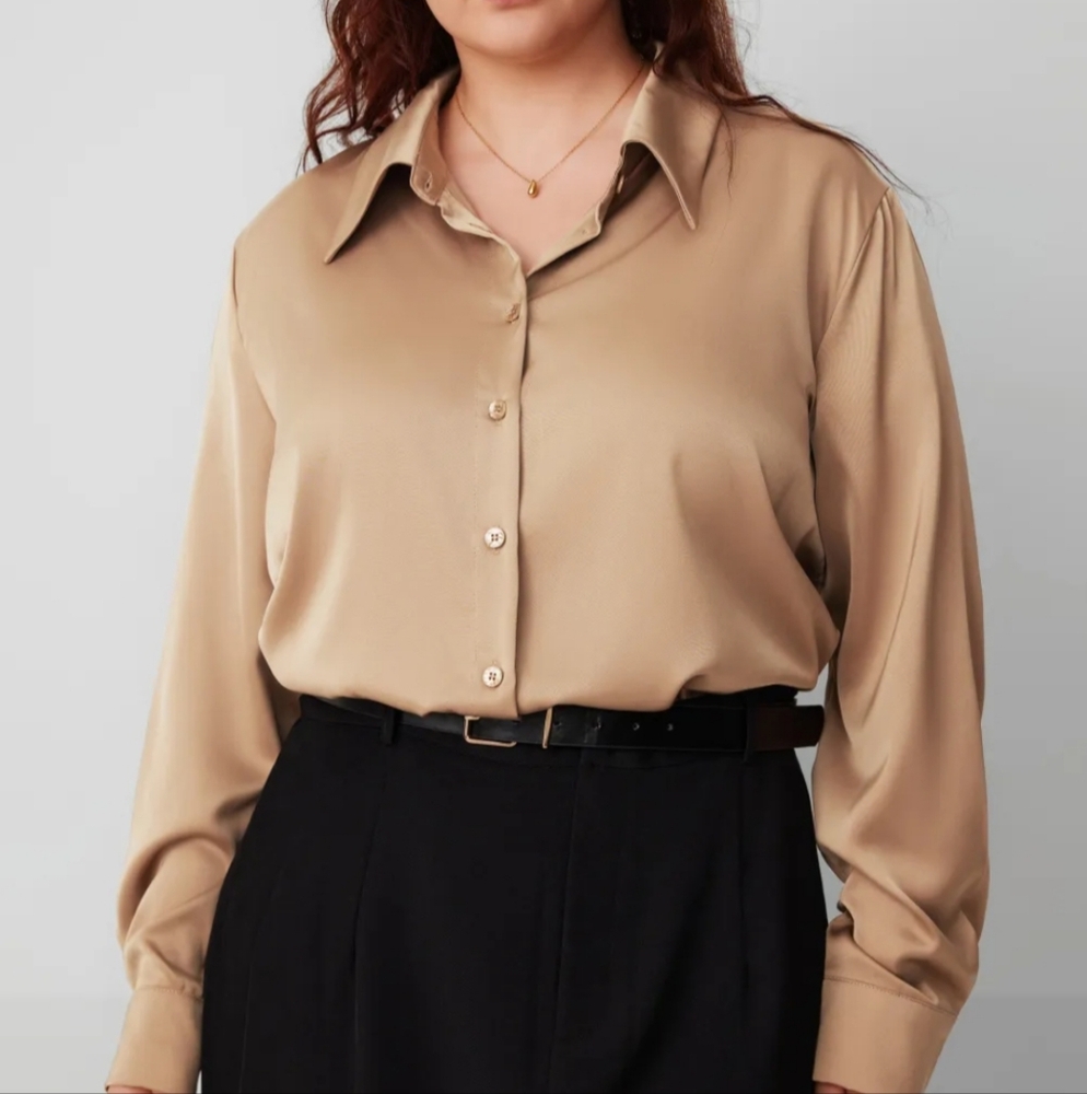 Cider Tan Button Down Shirt with Notched Collar and Long Sleeves